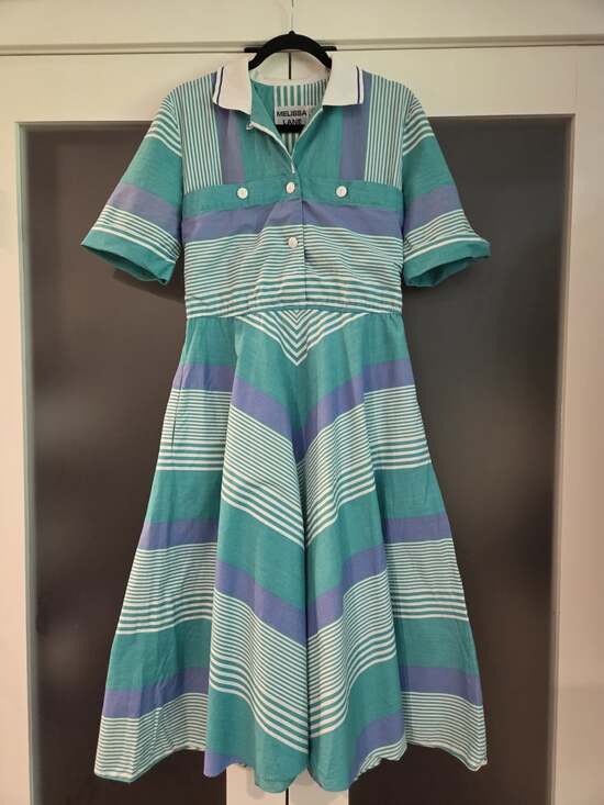 Melissa Lane Dresses & Skirts - Vtg 80s Melissa Lane Striped Midi Dress Size 8 Teal Blue Chevron Pockets Cotton
